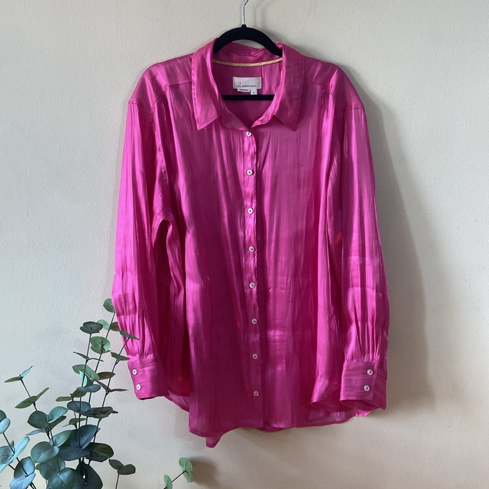 Anthropologie Hot Pink Iridescent Silky Women's Button Down XL Extra Large Satin - Picture 2 of 10